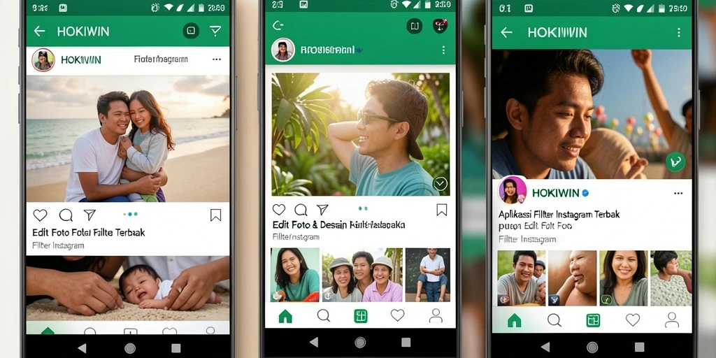 Tampilan antarmuka HOKIWIN dengan berbagai efek filter Instagram.