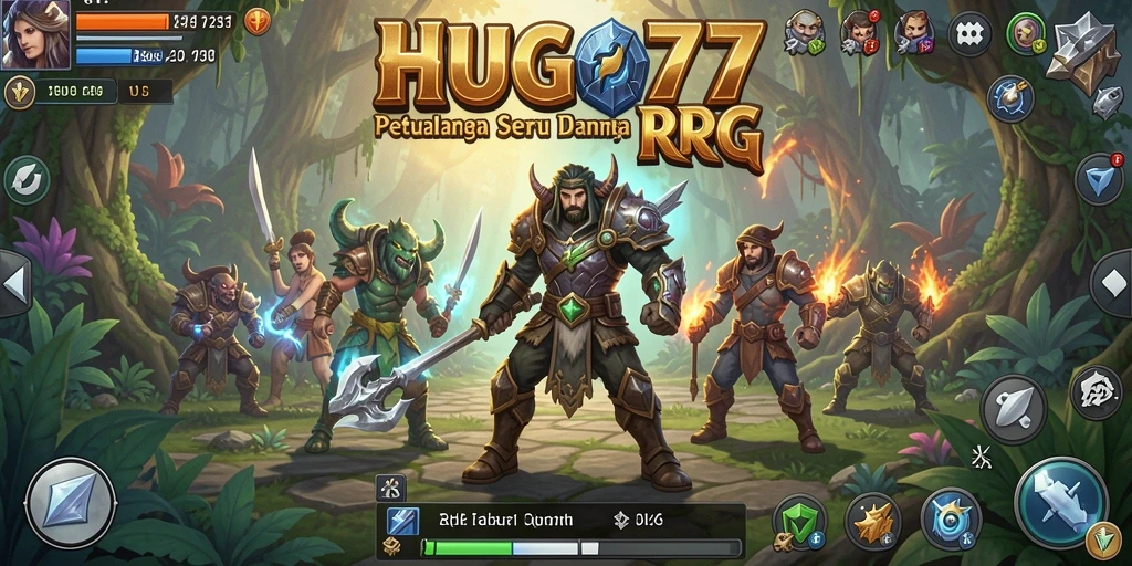 Tampilan antarmuka HUGO77 yang menampilkan pertarungan epik dalam RPG.