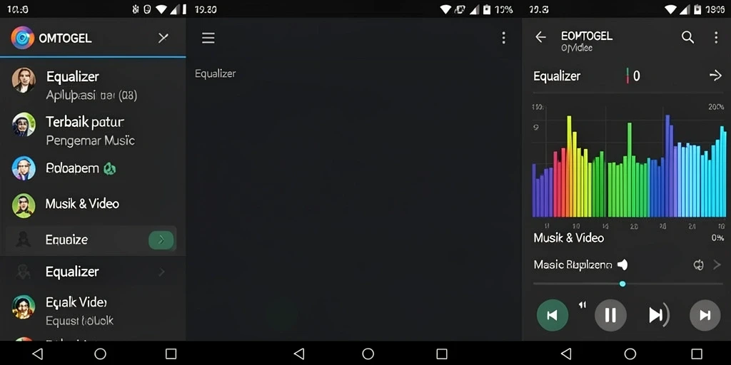Screenshot antarmuka utama OMTOGEL menampilkan pengaturan Equalizer yang lengkap.