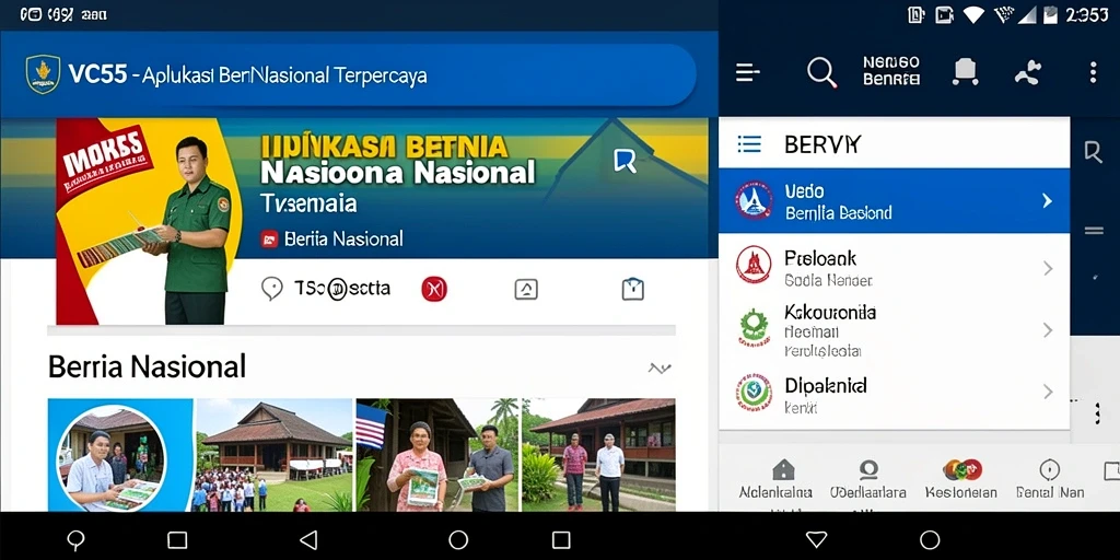 Antarmuka aplikasi VC55 menampilkan berita nasional terkini dan kategorinya.