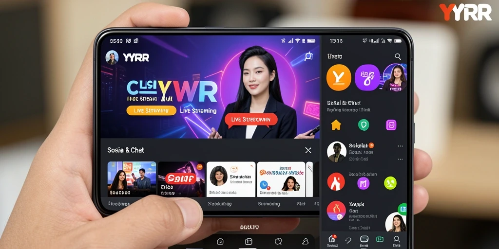 Antarmuka pengguna YYRR dengan fungsi Live Streaming yang interaktif.